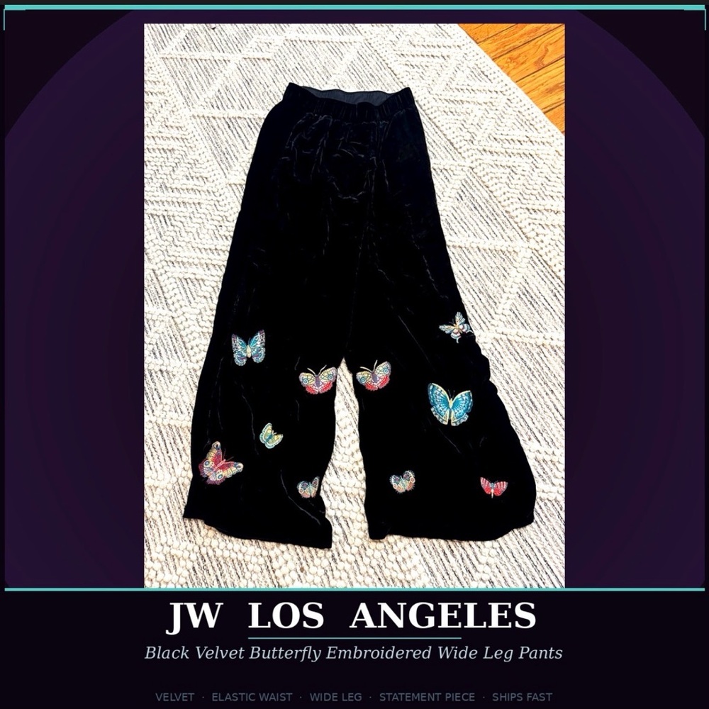 JW Los Angeles Black Velvet Butterfly Embroidered Wide Leg Pants